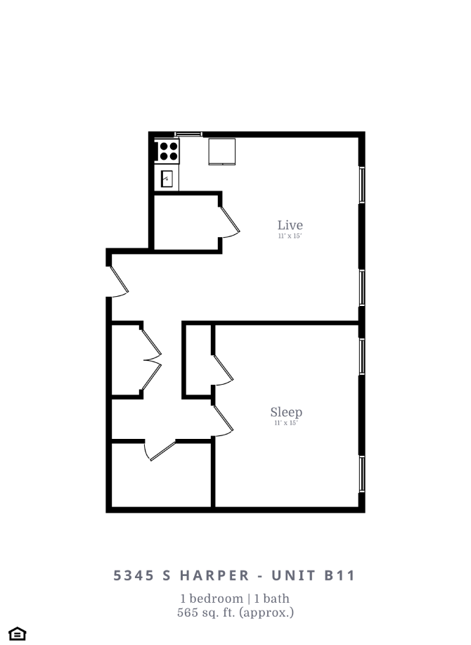 Floor plan for 1 bed, 1 bath, 565 sqft